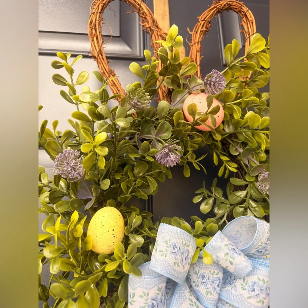 Handmade Boxwood Easter Bunny Wreath with Pastel Eggs and Blue Bow 28” x 13”